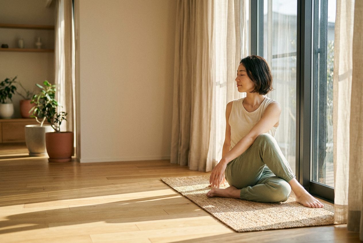 自宅の窓辺で朝ヨガをする様子